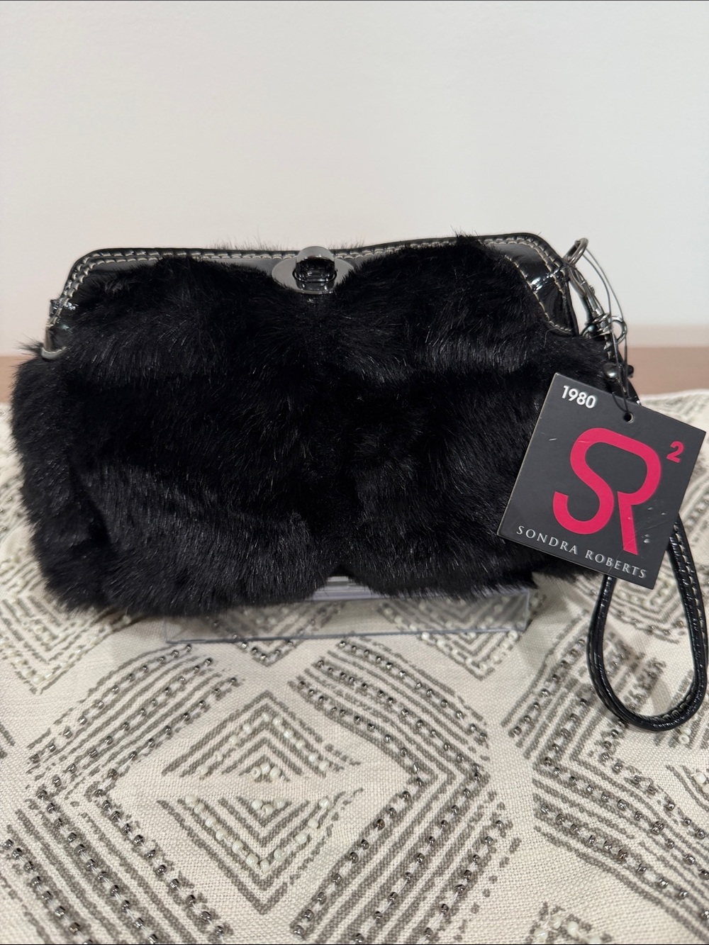 Sondra Roberts Black Faux Fur Wristlet Clutch with Black Patent Glossy Trim